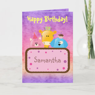 Carte Jolie girafe d'anniversaire, chien et chat