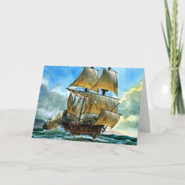 Carte jolie gravure de navire à quatre mâts (Devant)