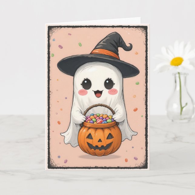 Carte Jolie Halloween fantôme Botiment adorable (Petite plante)