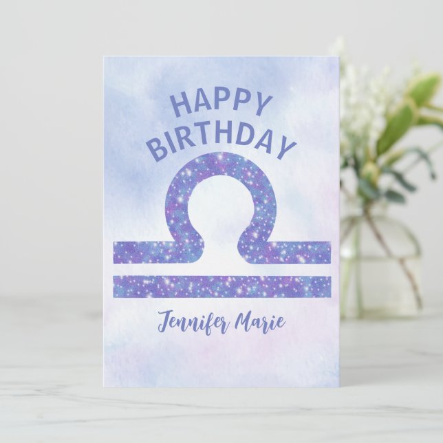 Carte Jolie Libra Sign Custom Purple Joyeux anniversaire (Debout devant)