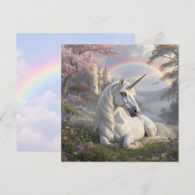 Carte Jolie licorne, château et arc-en-ciel  (Devant / Derrière)