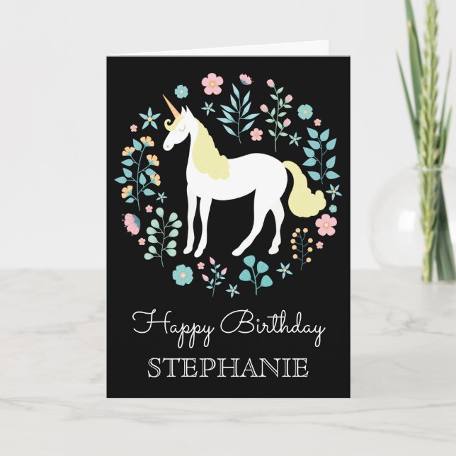 Carte Jolie licorne & Fleurs Noir Personnalisé (Devant)