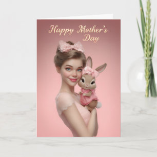 Carte Jolie maman tenant un bébé lapin Joyeuse fête des