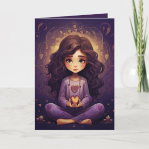Carte Jolie Méditation Yoga Girl Purple Hearts Anniversa