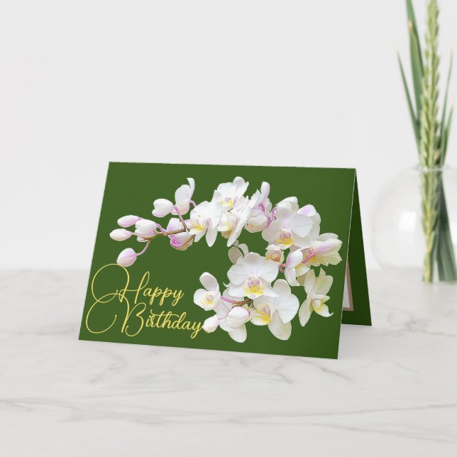 Carte Jolie Orchidées Blanches Vert Contexte Joyeux Anni (Devant)