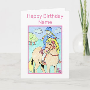 Carte Jolie Petite Fille Riding Pony Cartoon Anniversair