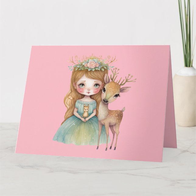 Carte Jolie princesse et faon bébé cerf salutation (Devant)