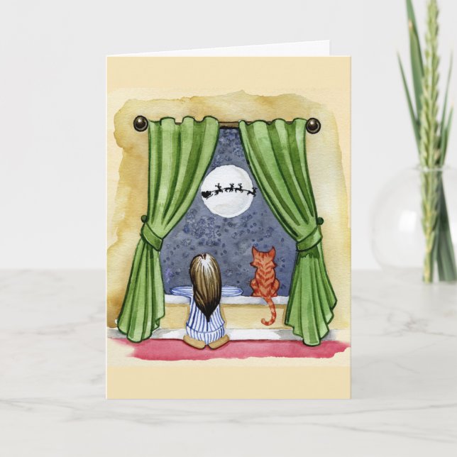 Carte Jolie réveillon de Noël Enfant & Chat Kitty Aquare (Devant)