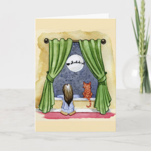Carte Jolie réveillon de Noël Enfant & Chat Kitty Aquare
