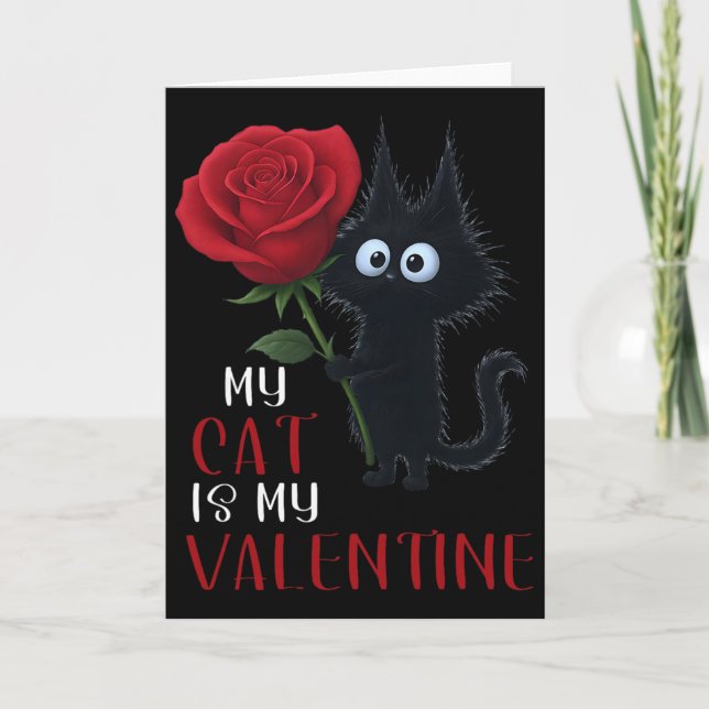 Carte Jolie rose de la Saint-Valentin de chat noir  (Devant)
