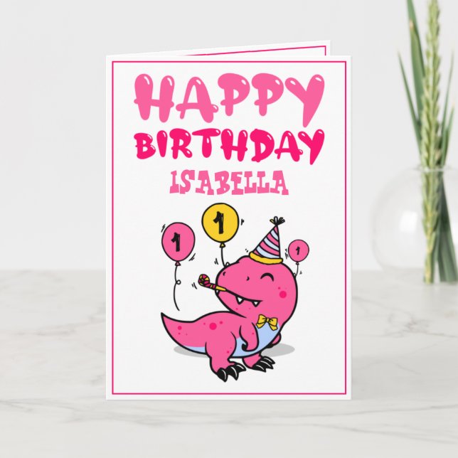 Carte Jolie rose T-Rex Dino Petite-fille 1er anniversair (Devant)