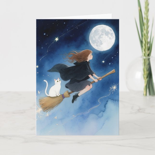 Carte Jolie sorcière avec son chat (Devant)