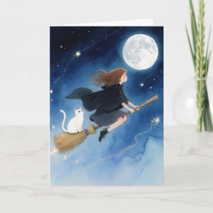 Carte Jolie sorcière avec son chat