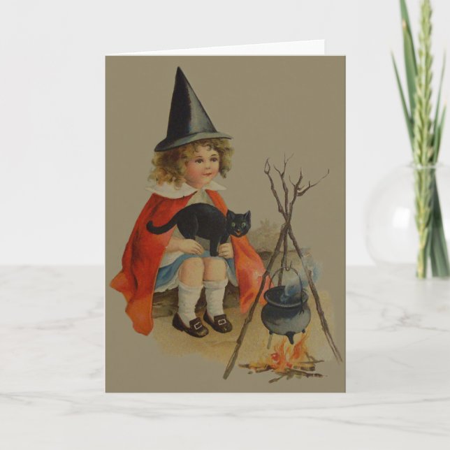 Carte Jolie Sorcière Chat noir Cauldron feu (Devant)
