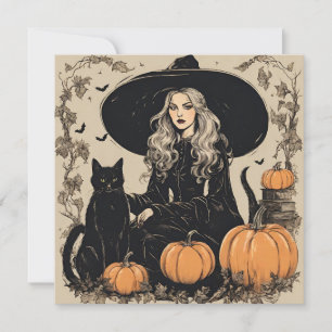 Carte Jolie sorcière d'Halloween Vintage avec chat noir