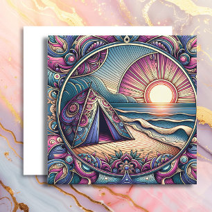 Carte Jolie tente et lever de soleil sur un site de camp