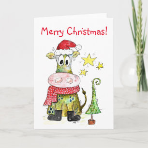Carte Jolie vache de Noël Whimsical