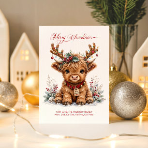 Carte Jolie vache Highland de Noël avec des bois festifs