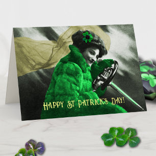 Carte Jolie Vintage St Patrick's Day Green Girl in Car