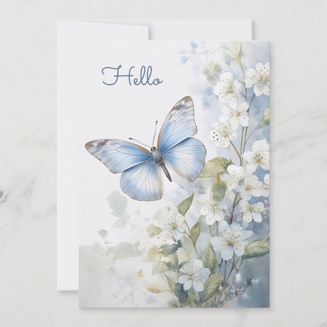 Carte Jolies fleurs blanches et papillon bleu Bonjour pl (Devant)
