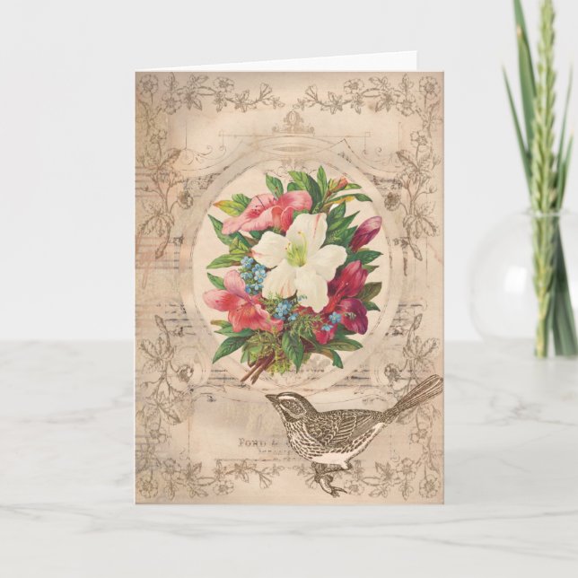 Carte Jolies fleurs d'antiquité et oiseaux (Devant)