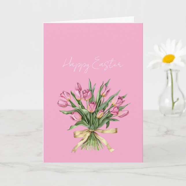 Carte Jolies Fleurs de Tulipe Roses Ruban Doré Pâques (Petite plante)