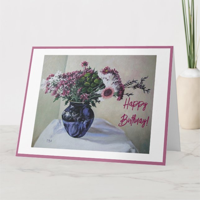 Carte Jolies fleurs roses Joyeux art floral d'anniversai (Devant)
