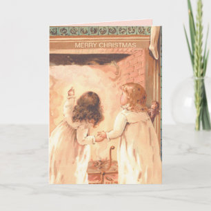 Carte Jolies petites filles attendent Père Noël Vintage 