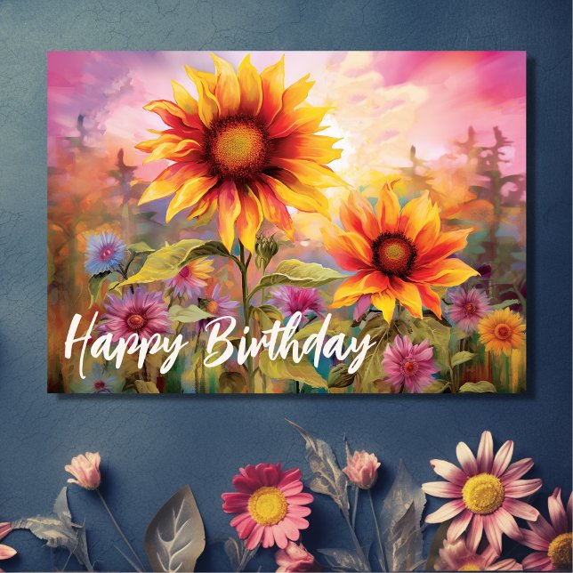 Carte Jolies tournesols aux fleurs colorées Anniversaire (Front - Pretty Sunflowers with Colorful Flowers Birthday Card)