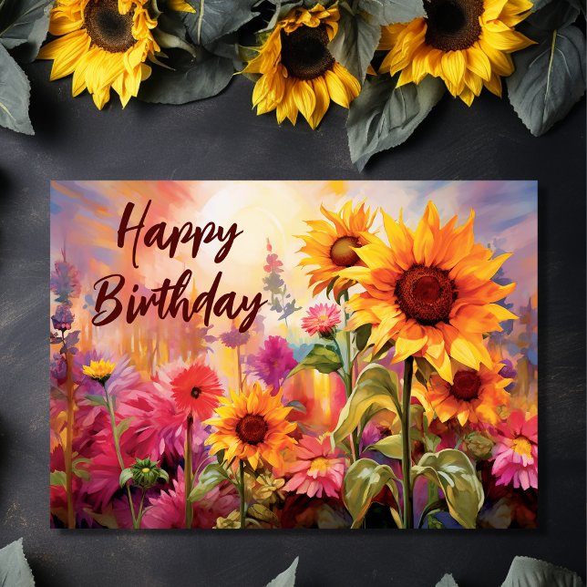 Carte Jolies tournesols aux fleurs colorées Anniversaire (Front - Pretty Sunflowers with Colorful Flowers Birthday Card)