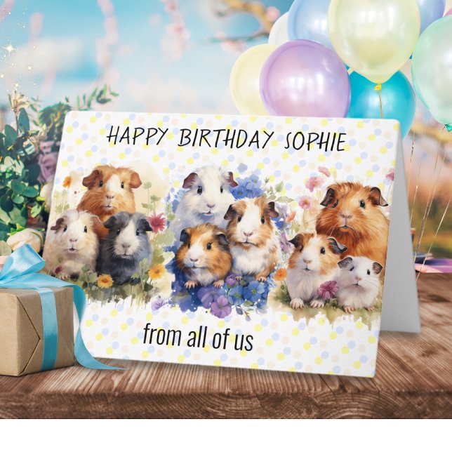 Carte Jolis cochons d'Inde Joyeux Anniversaire de la par (A custom birthday card, picturing guinea pigs in a watercolor style, with 'from all of us' words)