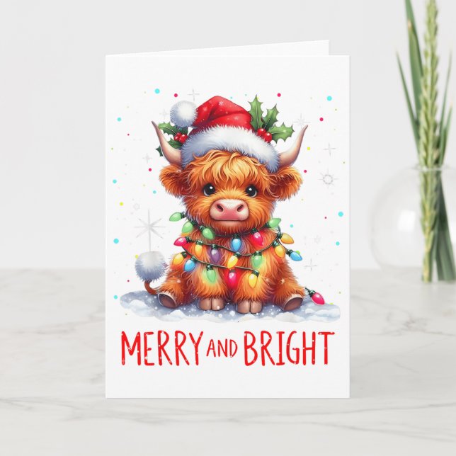 Carte Jolis éclairages de Noël de bébé vache des Highlan (Devant)