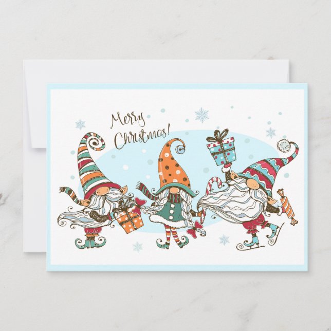 Carte Jolis joyeux Noël Elfes Gnomes Aquarelle Amusant  (Devant)