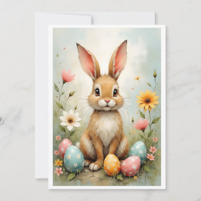 Carte Jolis œufs de Pâques Lapin Fleurs Plat (Devant)