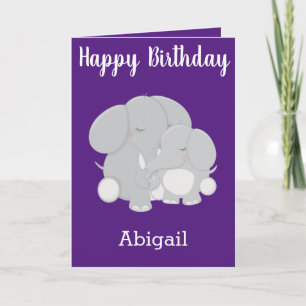 Carte Jolis vœux d'anniversaire violets pour une éléphan