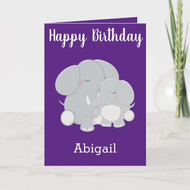 Carte Jolis vœux d'anniversaire violets pour une éléphan (Devant)