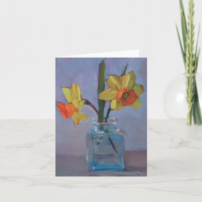 Carte Jonquilles jaunes dans le vase en verre (Devant)