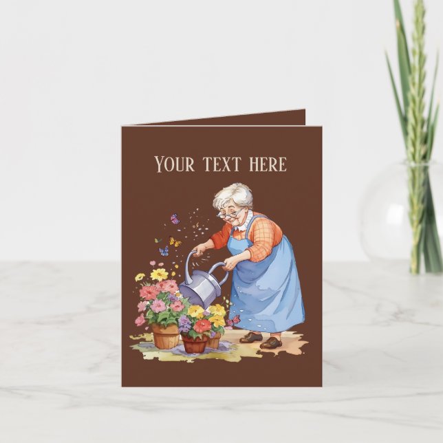 Carte Jote Gardening vieille dame ajouter un message (Devant)