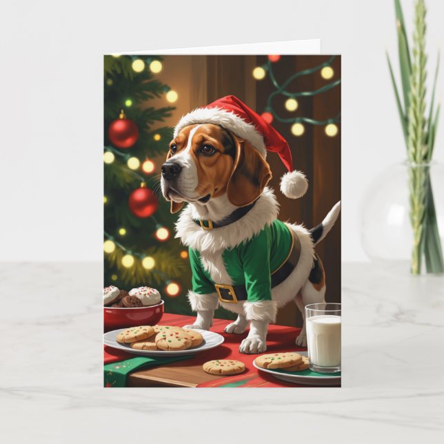 Carte Jouer Beagle elfe avec des cookies pour Père Noël (Devant)