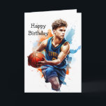 Carte Joueur de basket Aquarelle Joyeux anniversaire<br><div class="desc">Jetez, tirez, marquez, répétez ! Notre carte d'anniversaire capte l'excitation du jeu avec une image vibrante d'un jeune joueur qui frappe la cour. Qu'il s'agisse d'un joueur chevronné ou d'un fan passionné, cette carte est un coup de slam garanti. Customisez le message à l'intérieur pour ajouter cette touche personnelle et...</div>