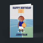 Carte Joueur de basket-ball mignon<br><div class="desc">Nous pouvons créer ceci dans n'importe quelle couleur uniforme de basket ou changer n'importe quel élément du garçon selon les besoins. Un design de basket mignon pour toute fête d'anniversaire d'un futur joueur de basket ou ventilateur de basket, avec un jeune joueur de basket en maillot et tenant un basket...</div>