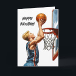 Carte Joueur de basket-ball Slam Dunk Aquarelle Annivers<br><div class="desc">Faites de gros points avec votre fan de basket préféré lors de leur journée spéciale avec notre carte d'anniversaire slam-dunk! Avec l'image cool d'un jeune coureur qui coule une balle, cette carte est parfaite pour les rêves de cerceau. Customisez votre message à l'intérieur pour ajouter cette touche personnelle. C'est un...</div>