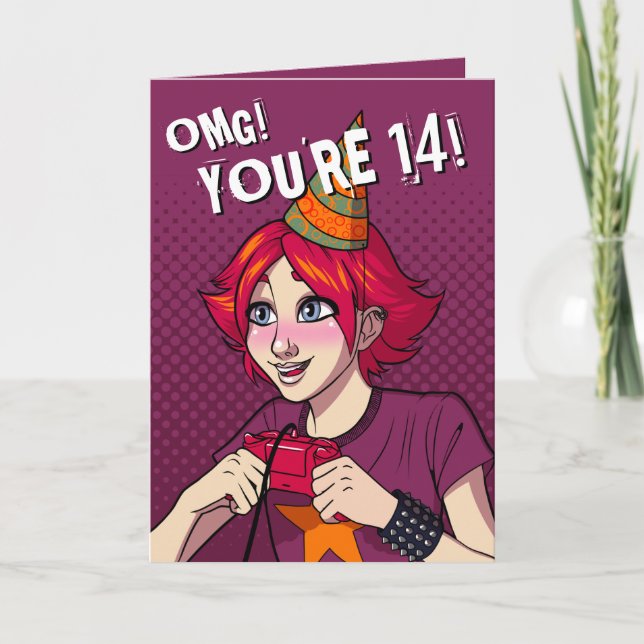 Carte Joueur de dessin Punk Ado fille 14e anniversaire (Devant)