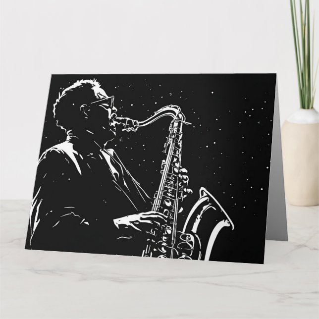 Carte Joueur de saxophone de style graphique BD noir et  (Devant)