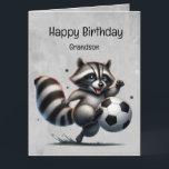 Carte Joueur de soccer mignon Raccoon Grandson Anniversa<br><div class="desc">Joueur de soccer mignon Raccoon Amusant Animal Nature Art. Grand cadeau d'anniversaire Je vous souhaite un anniversaire à grand-fils</div>