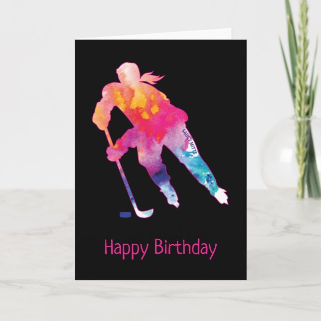 Carte Joueuse d'anniversaire de hockey féminin aquarelle (Devant)