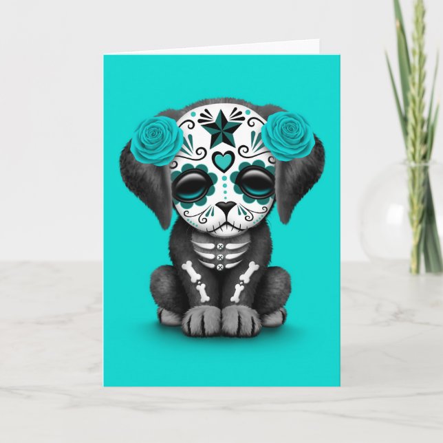 Carte Jour bleu mignon du chien chiot mort (Devant)