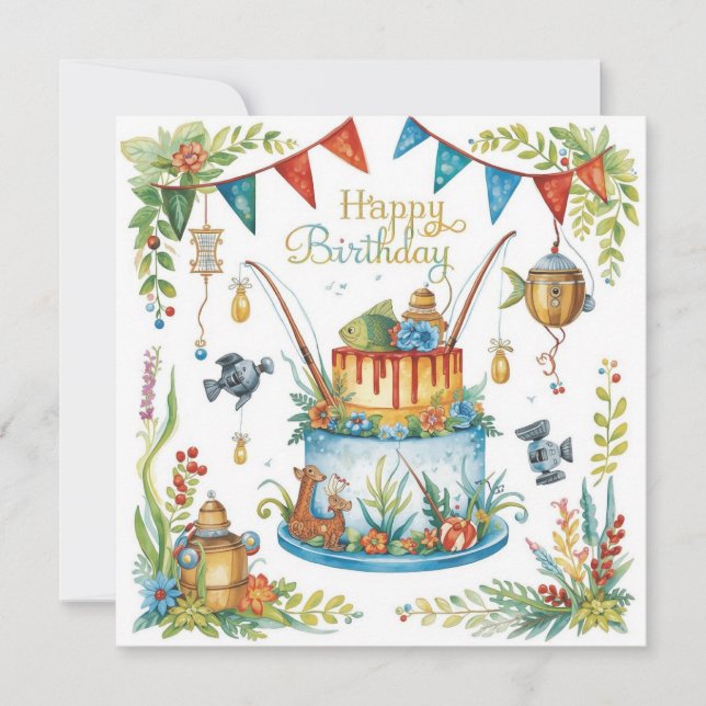 Carte Jour d'anniversaire de pêche sur le thème du plais (Devant)