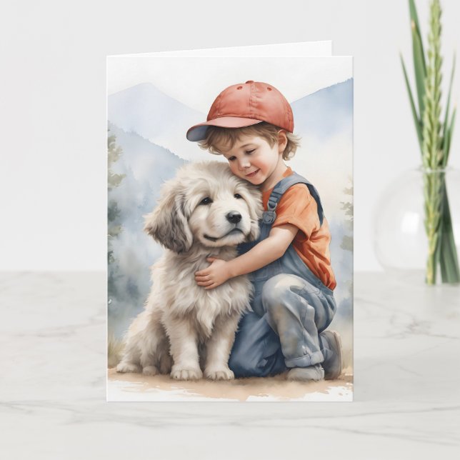 Carte Jour d'anniversaire Garçon serrant le chien dans l (Devant)