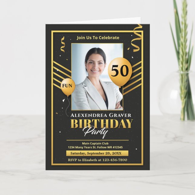 Carte Jour d'anniversaire moderne Gold Black 50th Photo  (Devant)